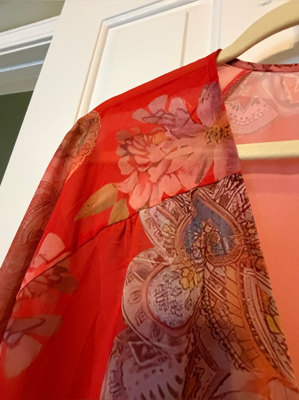 Cato Large Sheer Rusty Red Floral Paisley Kimono Jacket with Blue Accents - Picture 6 of 16
